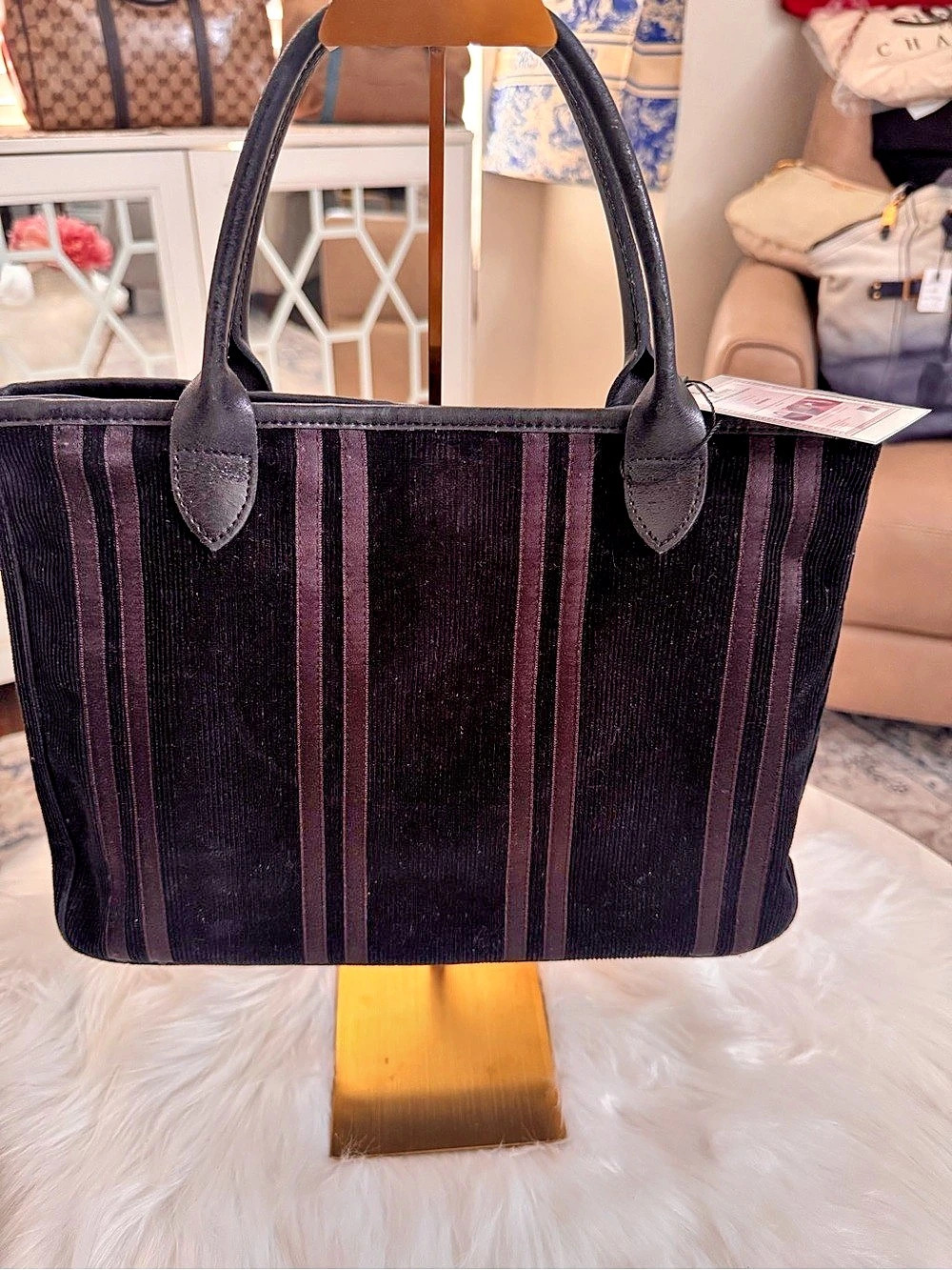 Long champ Black Velvet/Corduroy Striped Tote/Handbag - Picture 3 of 10